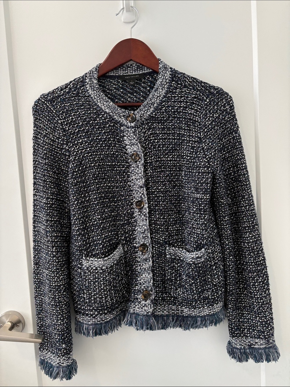 Ann Taylor Navy and White Tweed Fringe-Trim Blazer